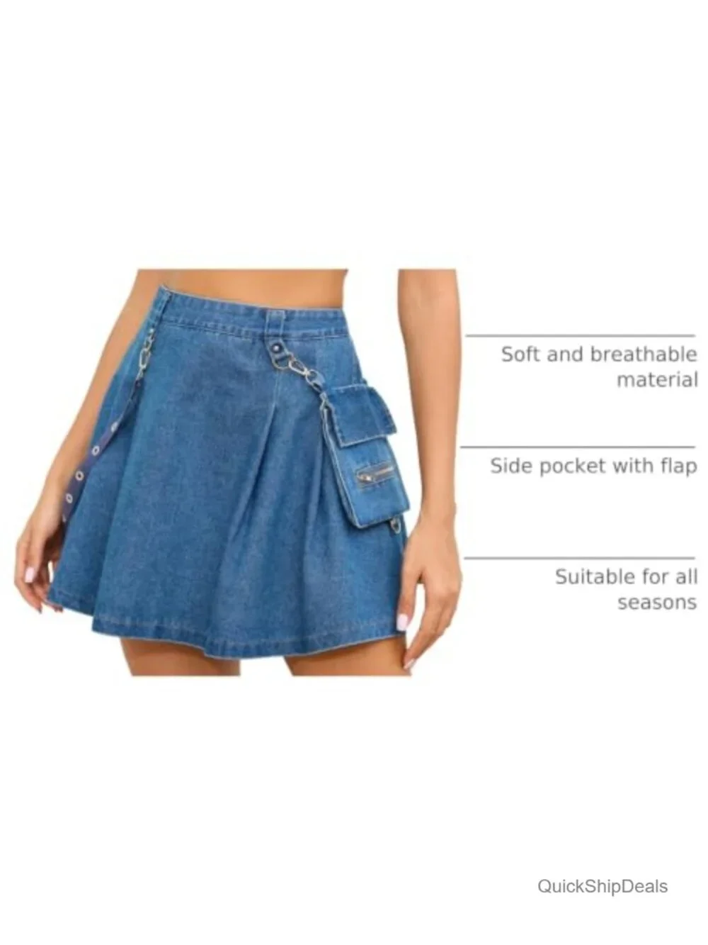 High Waist Pleated Denim Mini Skirt with Chain and Pocket